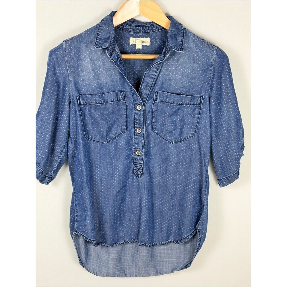 Cloth & Stone Chambray Top Blue Polka Dot Tencel Button Front High Low Small